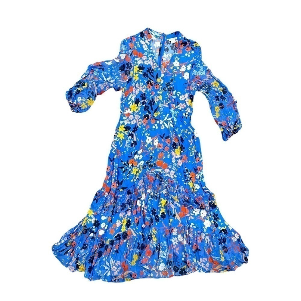 Shoshanna Womens Blue Zippered Ruffled Floral 3/4 Sleeve V Neck dress - Picture 4 of 10